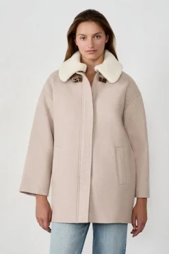 ETAM Abrigos Largos|Abrigos|Abrigo medio largo con lana y cuello de piel sintética BEIGE
