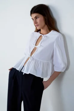 ETAM Cuello Redondo|Blusa mangas 3/4 con lazos BLANCO