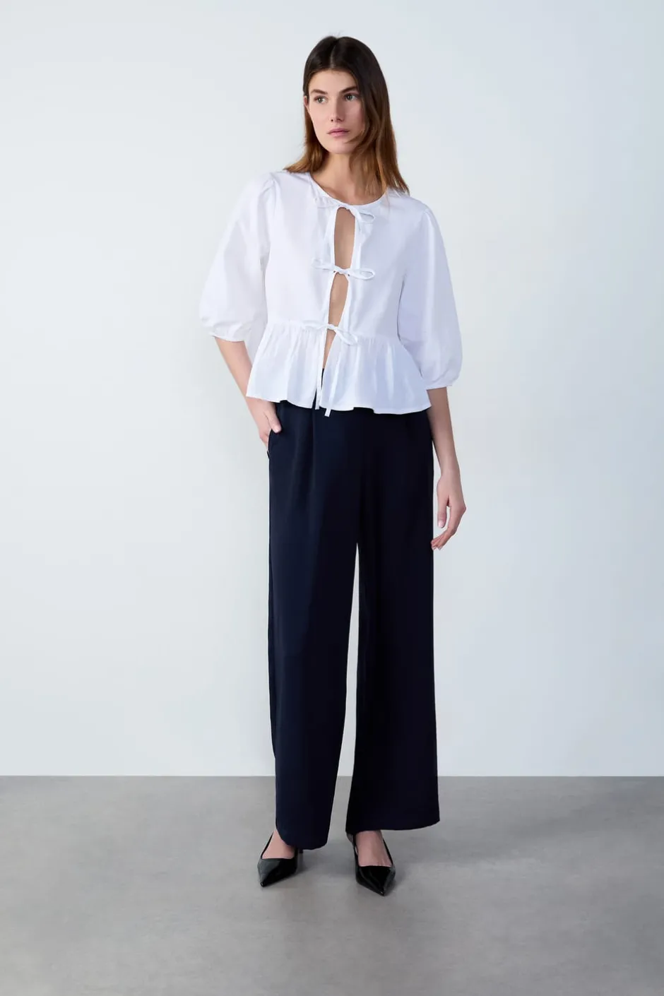 ETAM Cuello Redondo|Blusa mangas 3/4 con lazos BLANCO