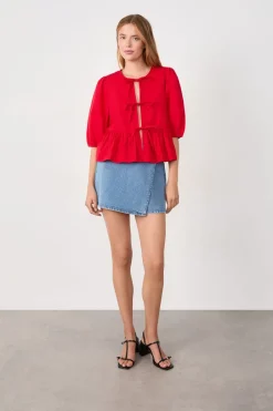 ETAM Cuello Redondo|Blusa mangas 3/4 con lazos CARDINAL
