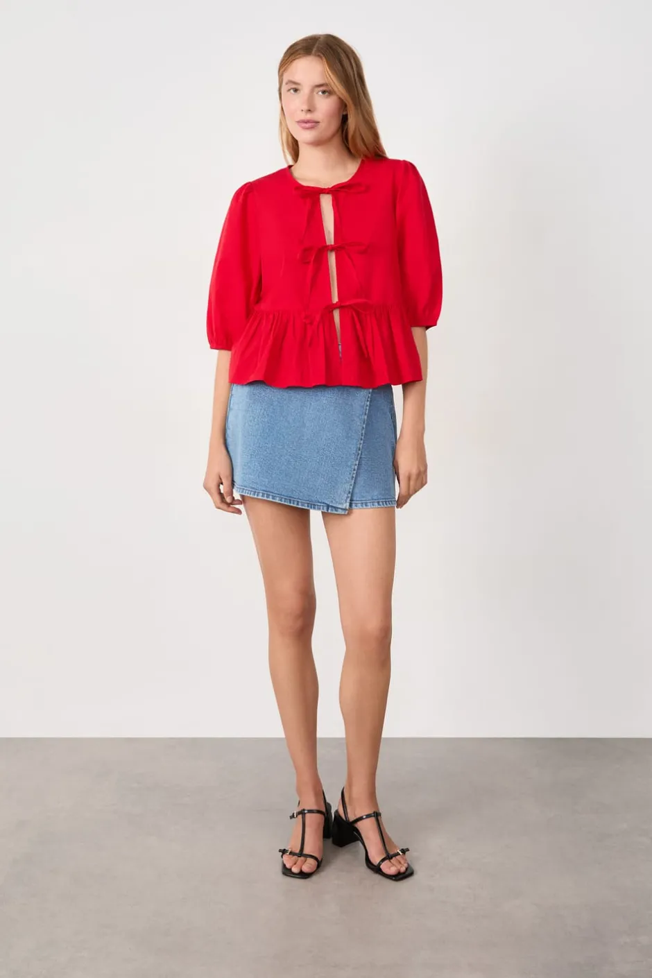 ETAM Cuello Redondo|Blusa mangas 3/4 con lazos CARDINAL