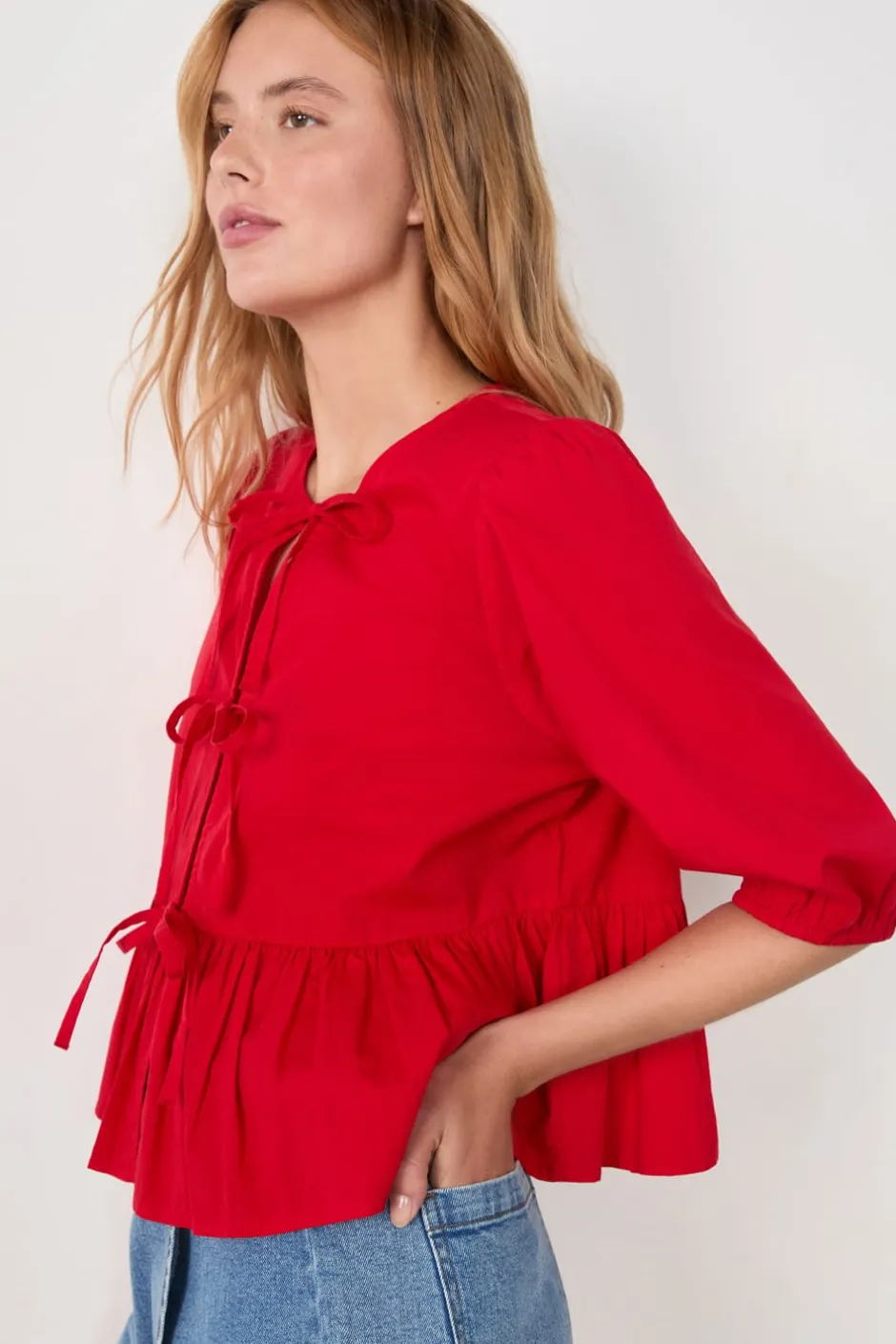 ETAM Cuello Redondo|Blusa mangas 3/4 con lazos CARDINAL