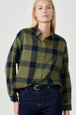 ETAM Camisas Fluidas|Camisas Chic|Camisa a cuadros CAQUI