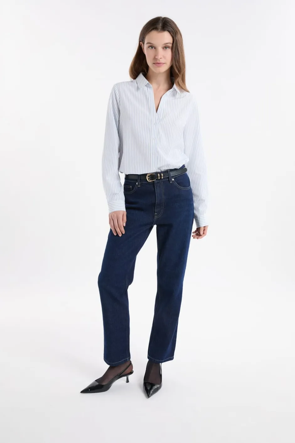 ETAM Camisas Y Blusas Estampadas|Camisas Fluidas|Camisa a rayas con algodón AZUL CIELO