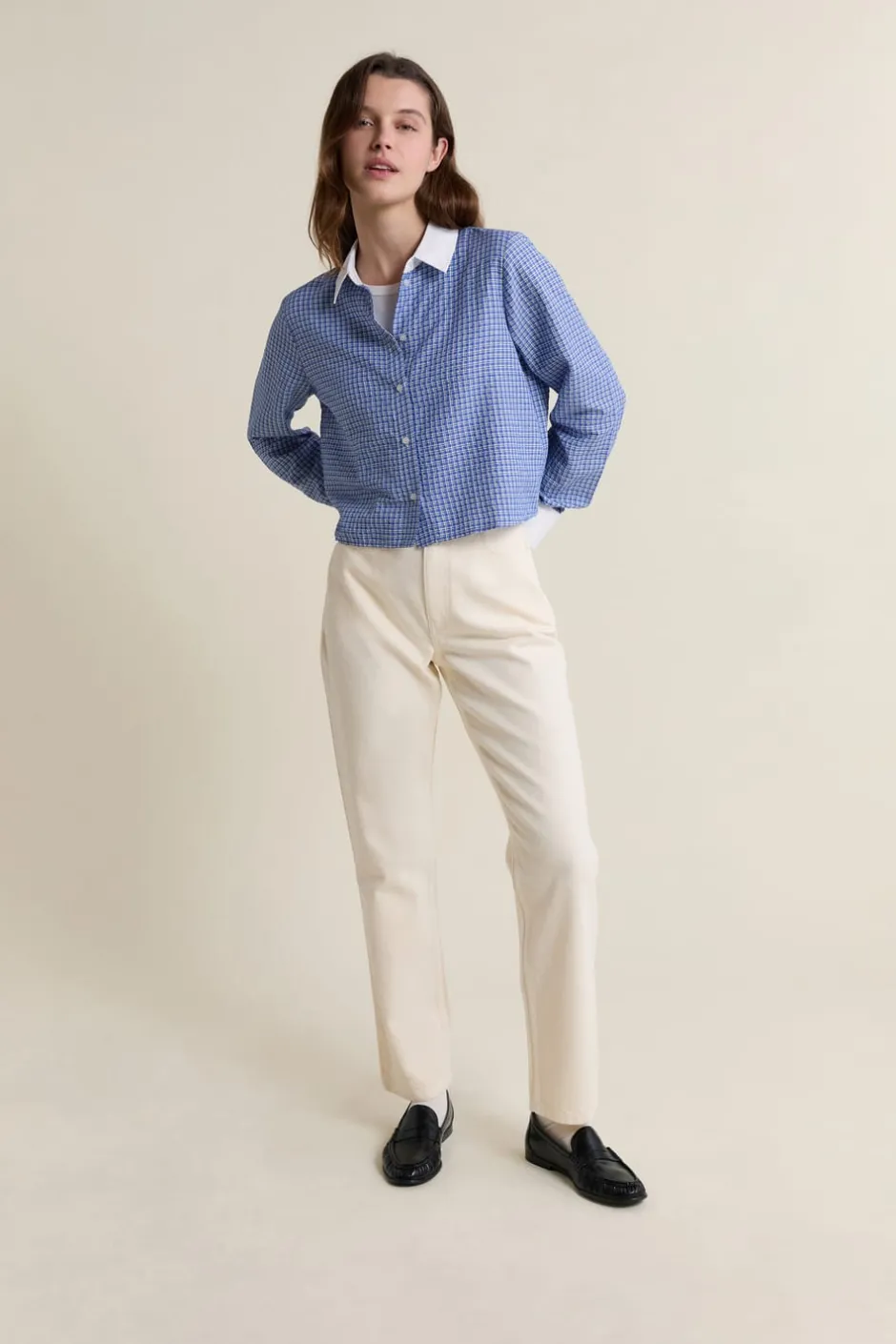 ETAM Camisas Fluidas|Camisas Chic|Camisa corta a cuadros con algodón AZUL