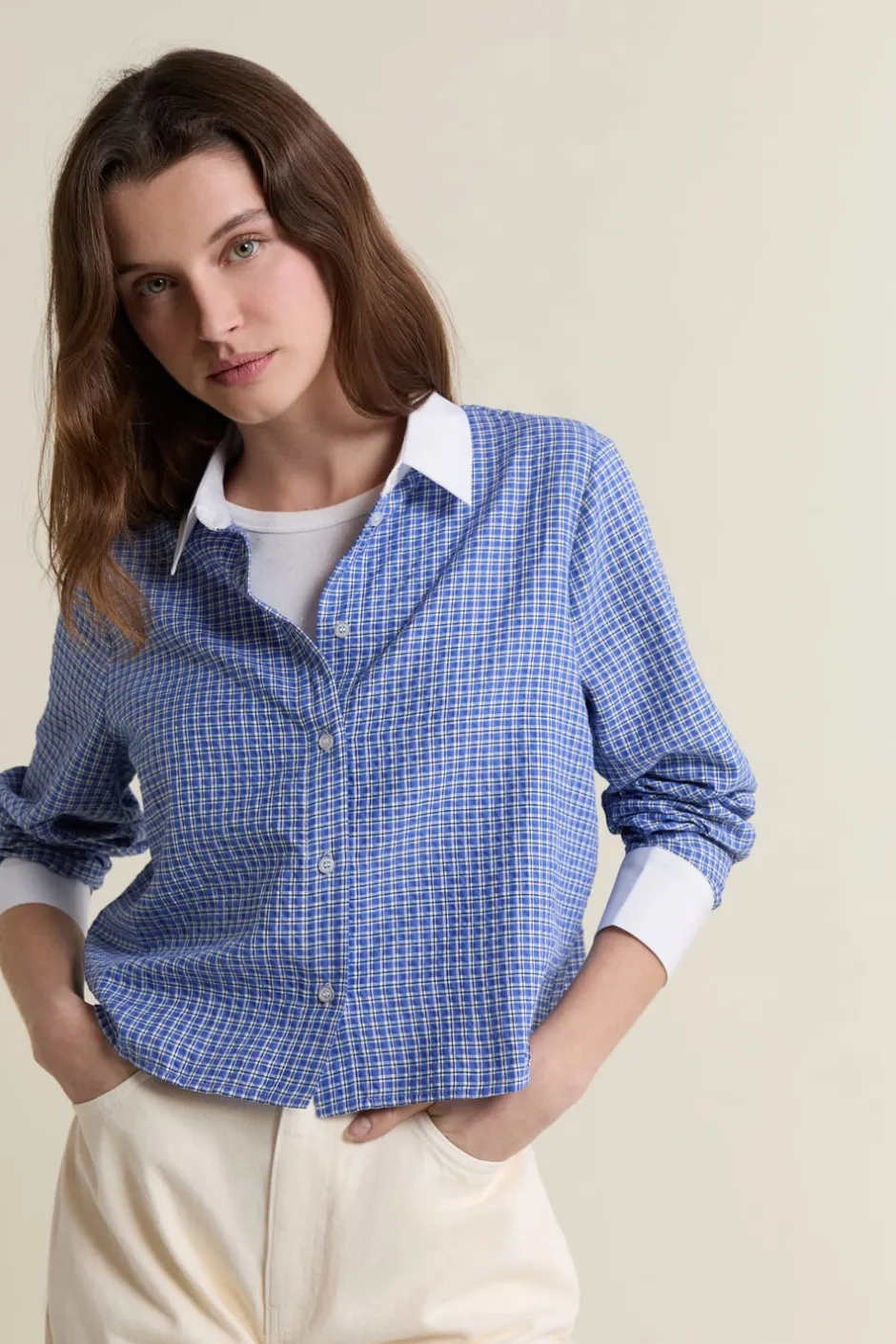 ETAM Camisas Fluidas|Camisas Chic|Camisa corta a cuadros con algodón AZUL