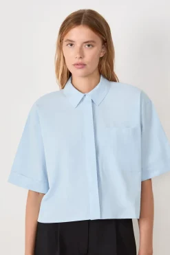 ETAM Camisas Fluidas|Camisas Chic|Camisa de manga corta de algodón AZUL CLARO