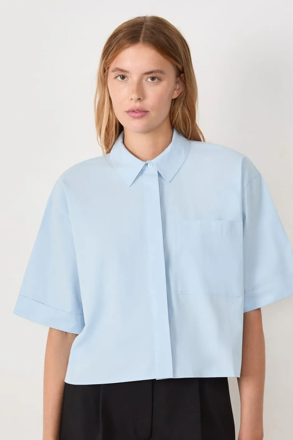 ETAM Camisas Fluidas|Camisas Chic|Camisa de manga corta de algodón AZUL CLARO