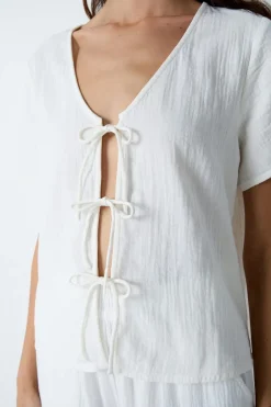 ETAM Partes De Arriba De Pijama|Los Pijamas Más Responsables|Camisa de manga corta de algodón con lazos BLANCO