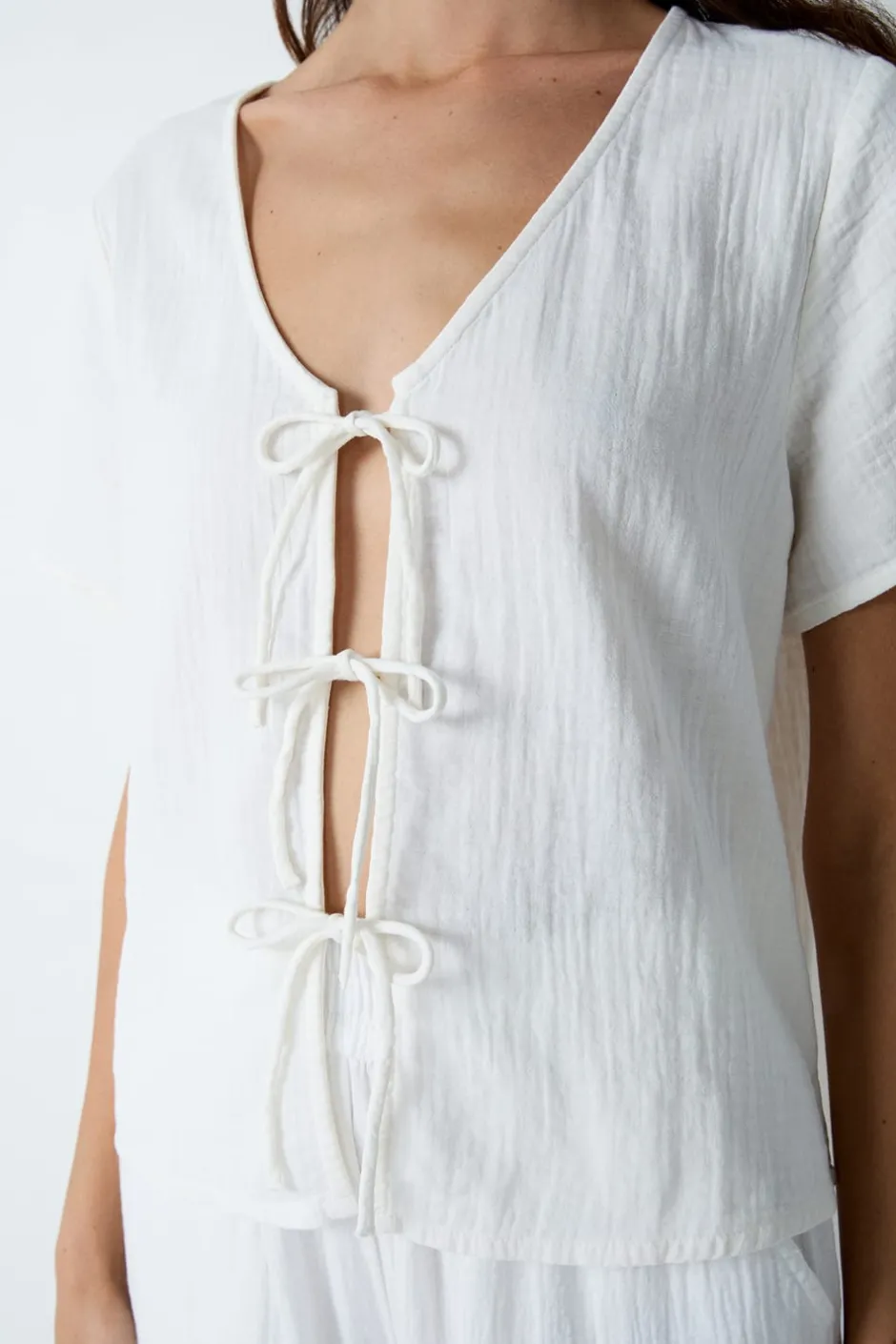 ETAM Partes De Arriba De Pijama|Los Pijamas Más Responsables|Camisa de manga corta de algodón con lazos BLANCO