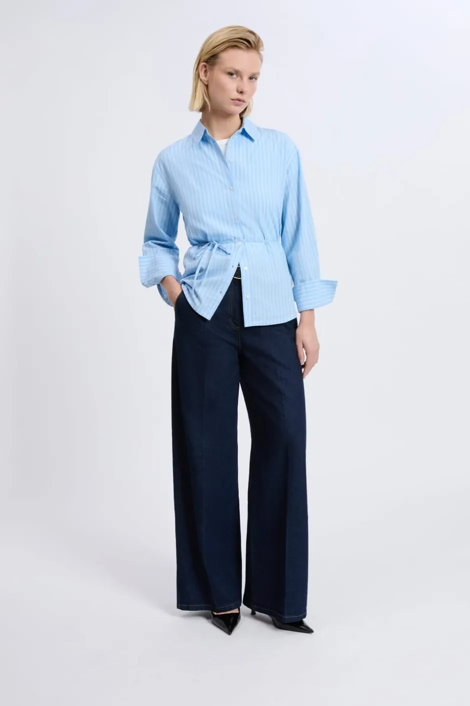 ETAM Camisas Y Blusas Estampadas|Camisas Fluidas|Camisa de manga larga de algodón con cinturón AZUL CIELO