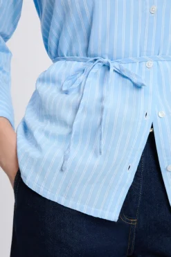 ETAM Camisas Y Blusas Estampadas|Camisas Fluidas|Camisa de manga larga de algodón con cinturón AZUL CIELO