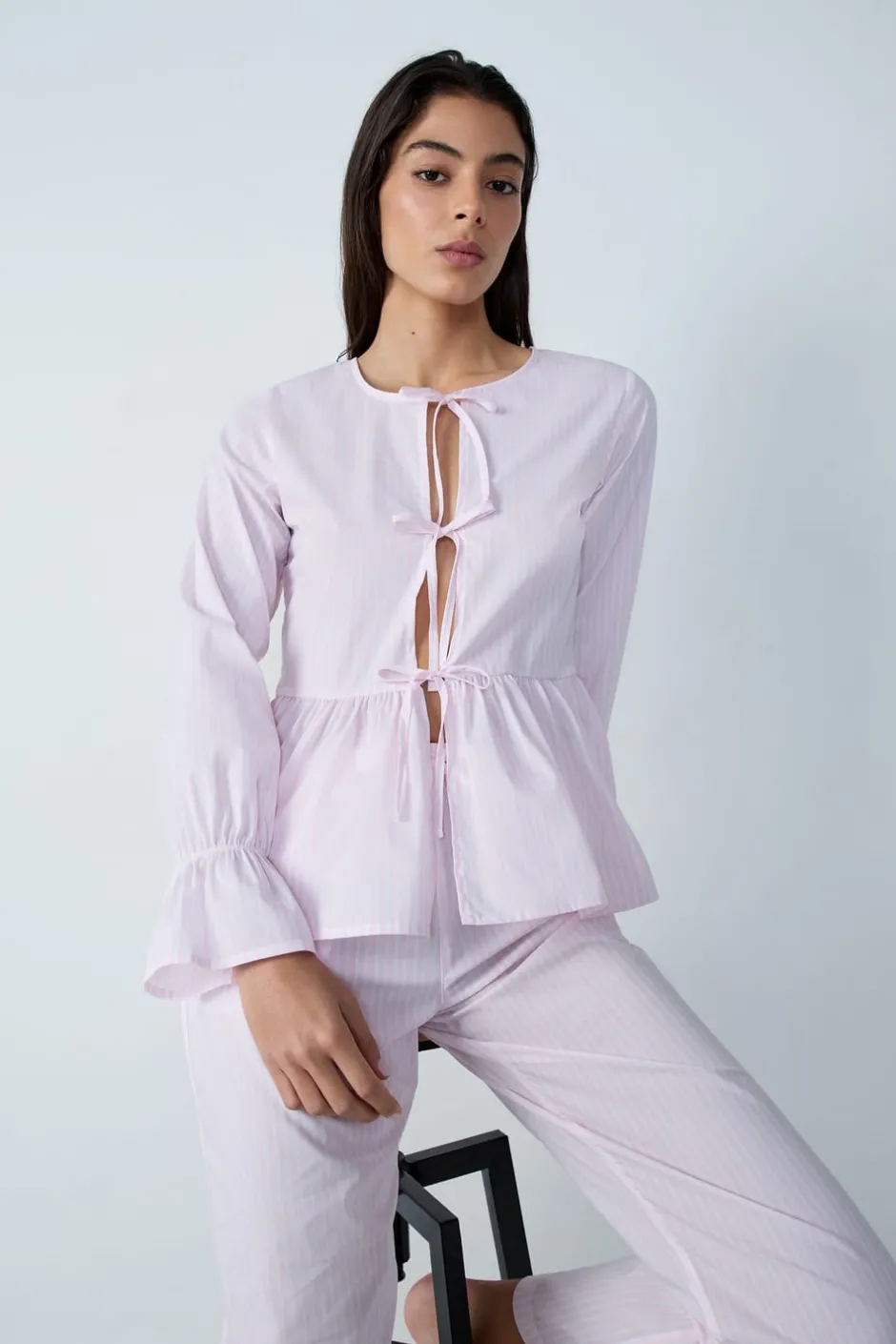 ETAM Los Pijamas Más Responsables|Camisa de pijama de algodón a rayas de manga larga con lazos FUCSIA