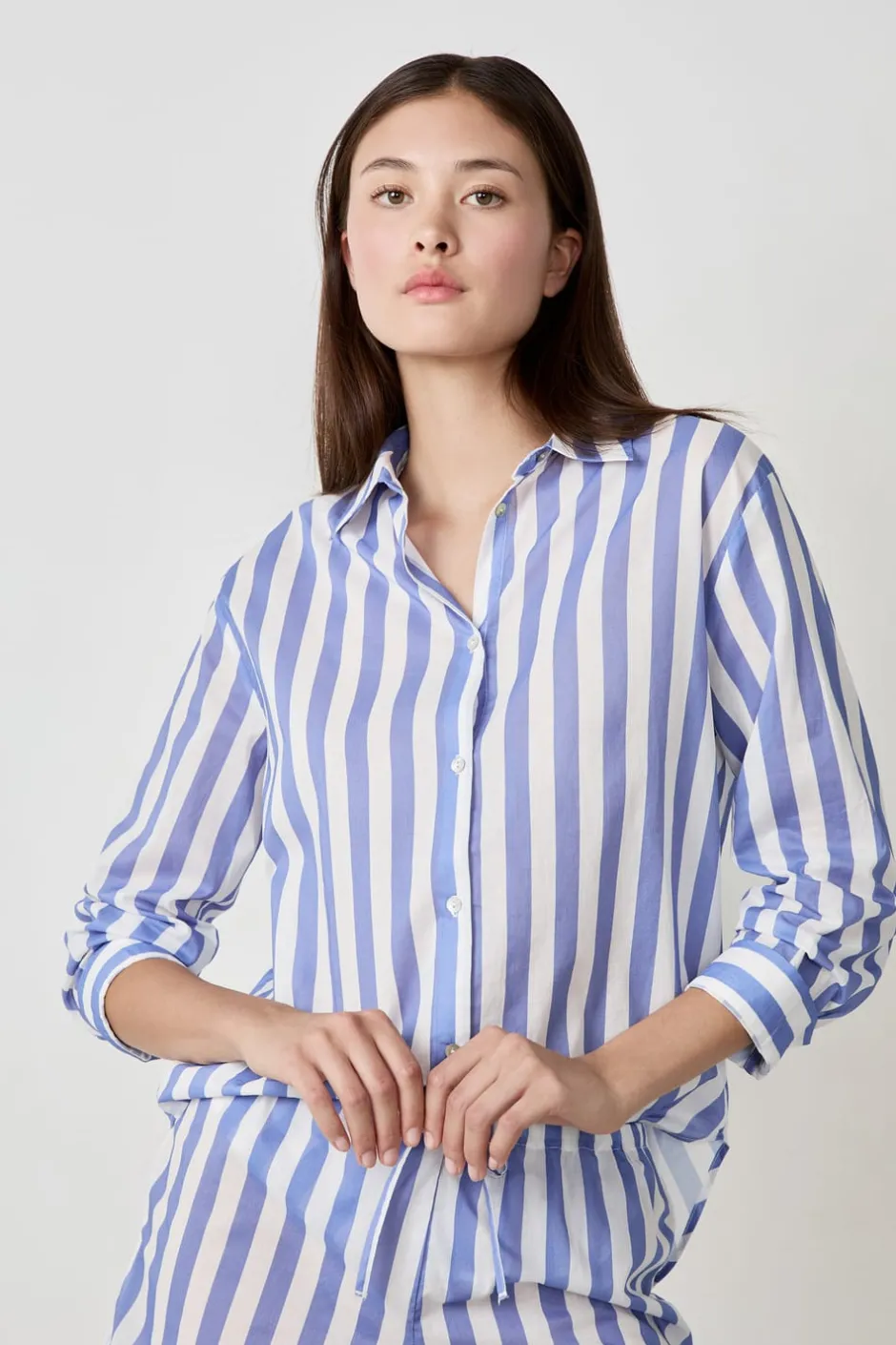 ETAM Partes De Arriba De Pijama|Camisa de pijama de rayas de algodón AZUL CLARO