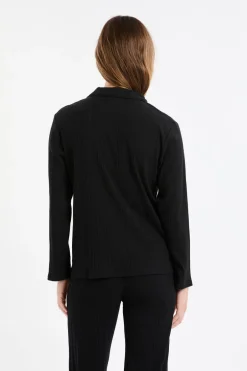 ETAM Homewear|Pijamas Esenciales|Camisa de pijama Richelieu de punto elástico NEGRO