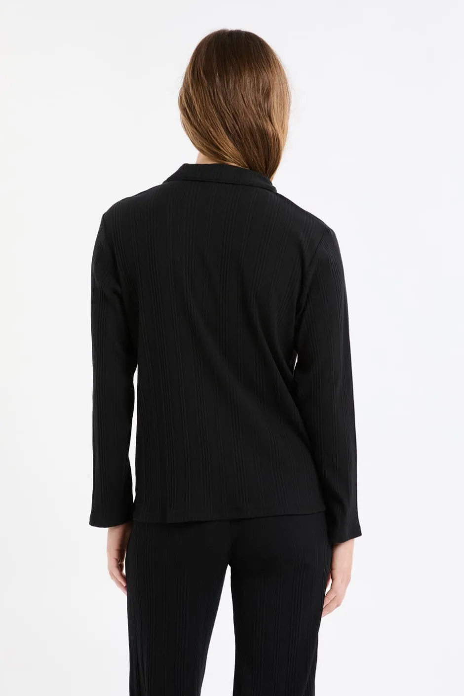 ETAM Homewear|Pijamas Esenciales|Camisa de pijama Richelieu de punto elástico NEGRO