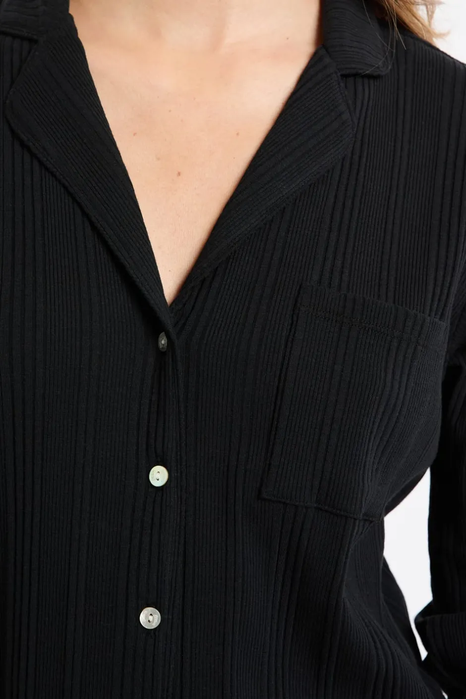ETAM Homewear|Pijamas Esenciales|Camisa de pijama Richelieu de punto elástico NEGRO