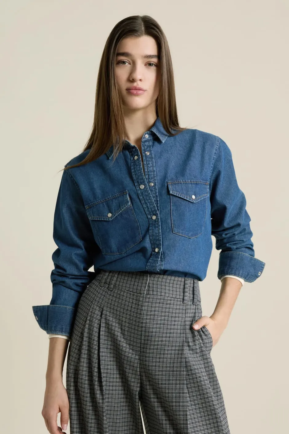 ETAM Camisas Fluidas|Camisas Clásicas|Camisa efecto denim AZUL ROYAL