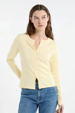 ETAM Cuello Redondo|Manga Larga|Camiseta abotonada de manga larga de algodón AMARILLO PÁLIDO
