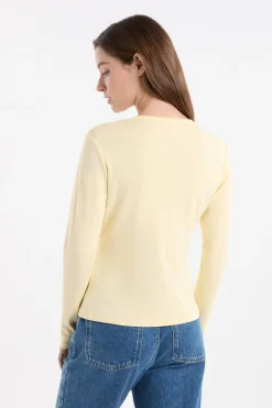 ETAM Cuello Redondo|Manga Larga|Camiseta abotonada de manga larga de algodón AMARILLO P&Aacute;LIDO