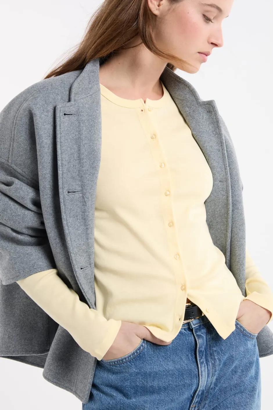 ETAM Cuello Redondo|Manga Larga|Camiseta abotonada de manga larga de algodón AMARILLO PÁLIDO