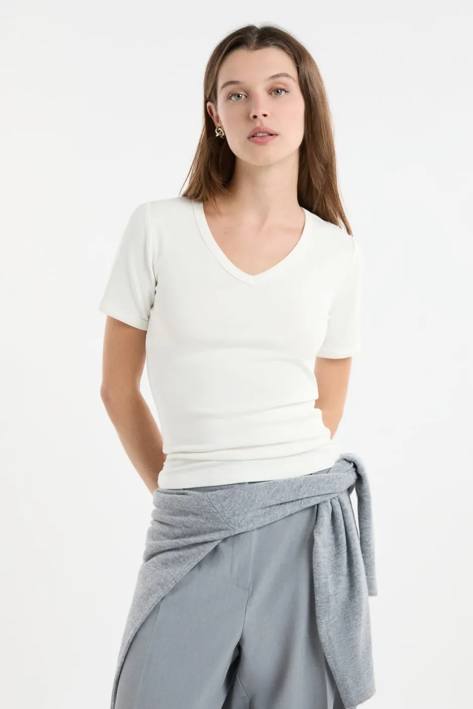 ETAM Cuello En V|Manga Corta|Camiseta con cuello en V y algodón BLANCO
