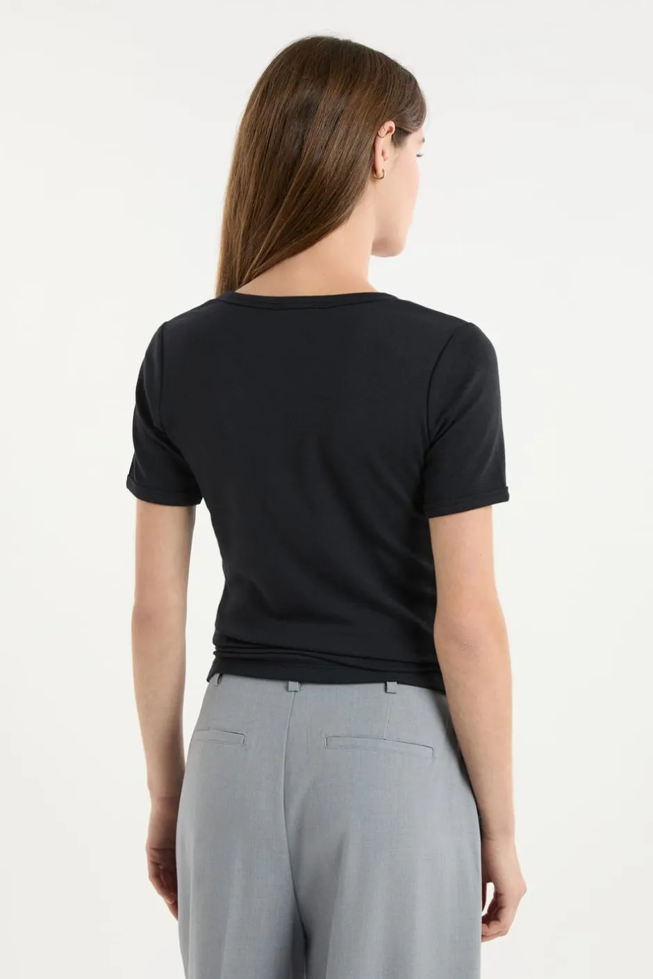ETAM Cuello En V|Manga Corta|Camiseta con cuello en V y algodón NEGRO