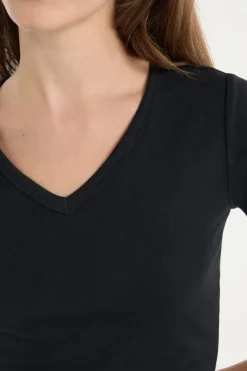 ETAM Cuello En V|Manga Corta|Camiseta con cuello en V y algodón NEGRO