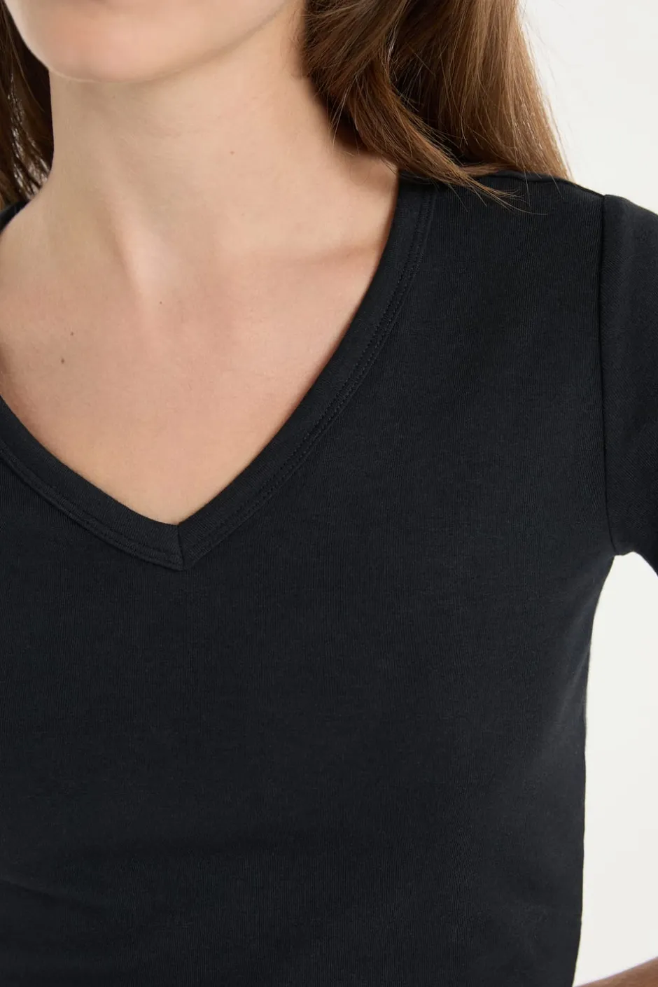 ETAM Cuello En V|Manga Corta|Camiseta con cuello en V y algodón NEGRO