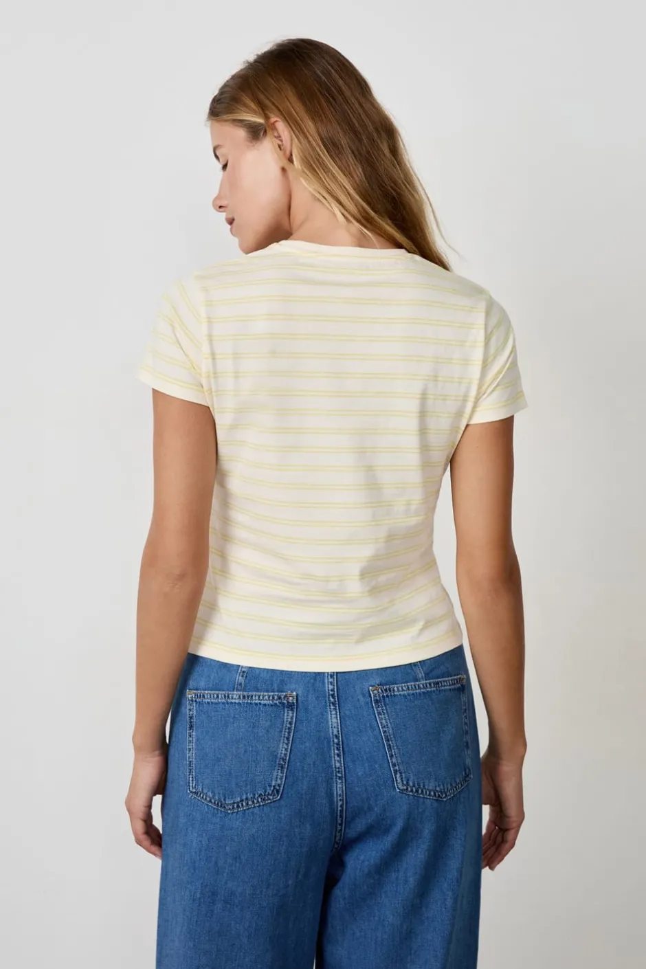 ETAM Cuello Redondo|Manga Corta|Camiseta de algodón a rayas de manga corta AMARILLO PÁLIDO