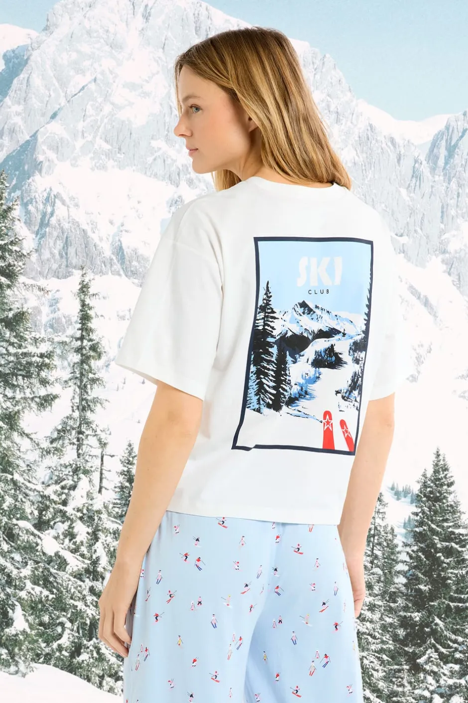 ETAM Los Pijamas Más Responsables|Partes De Arriba De Pijama|Camiseta de algodón con estampado de paisaje de esquí crudo