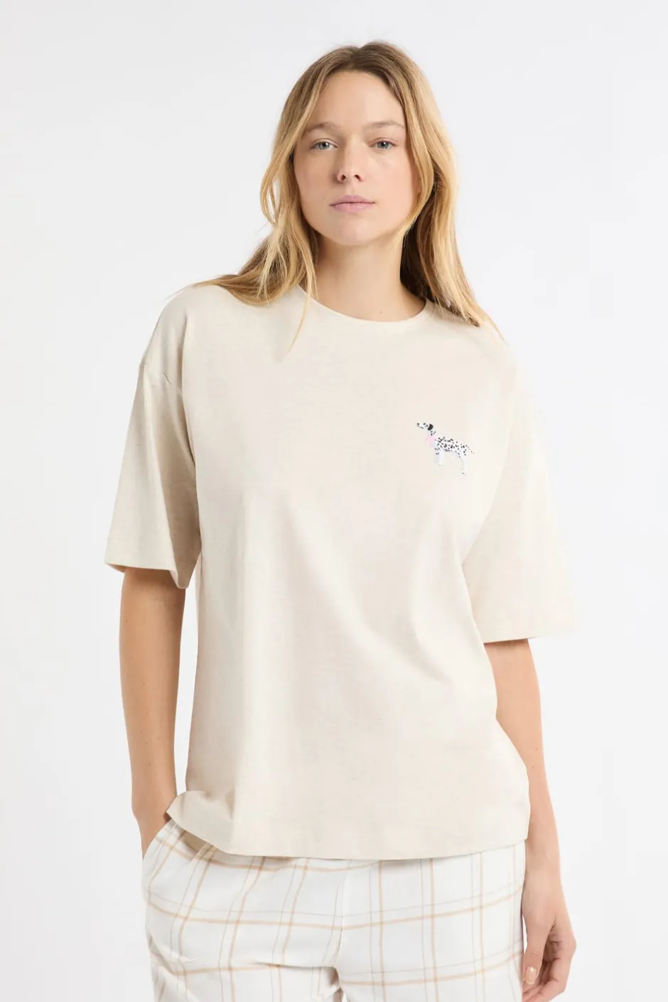 ETAM Los Pijamas Más Responsables|Partes De Arriba De Pijama|Camiseta de algodón con estampado de perro «Life is better with a dog» BEIGE