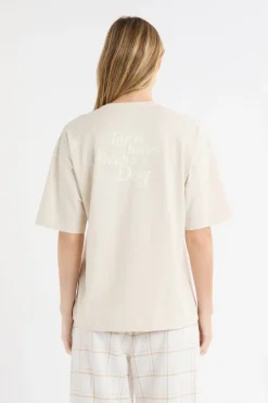 ETAM Los Pijamas Más Responsables|Partes De Arriba De Pijama|Camiseta de algodón con estampado de perro «Life is better with a dog» BEIGE