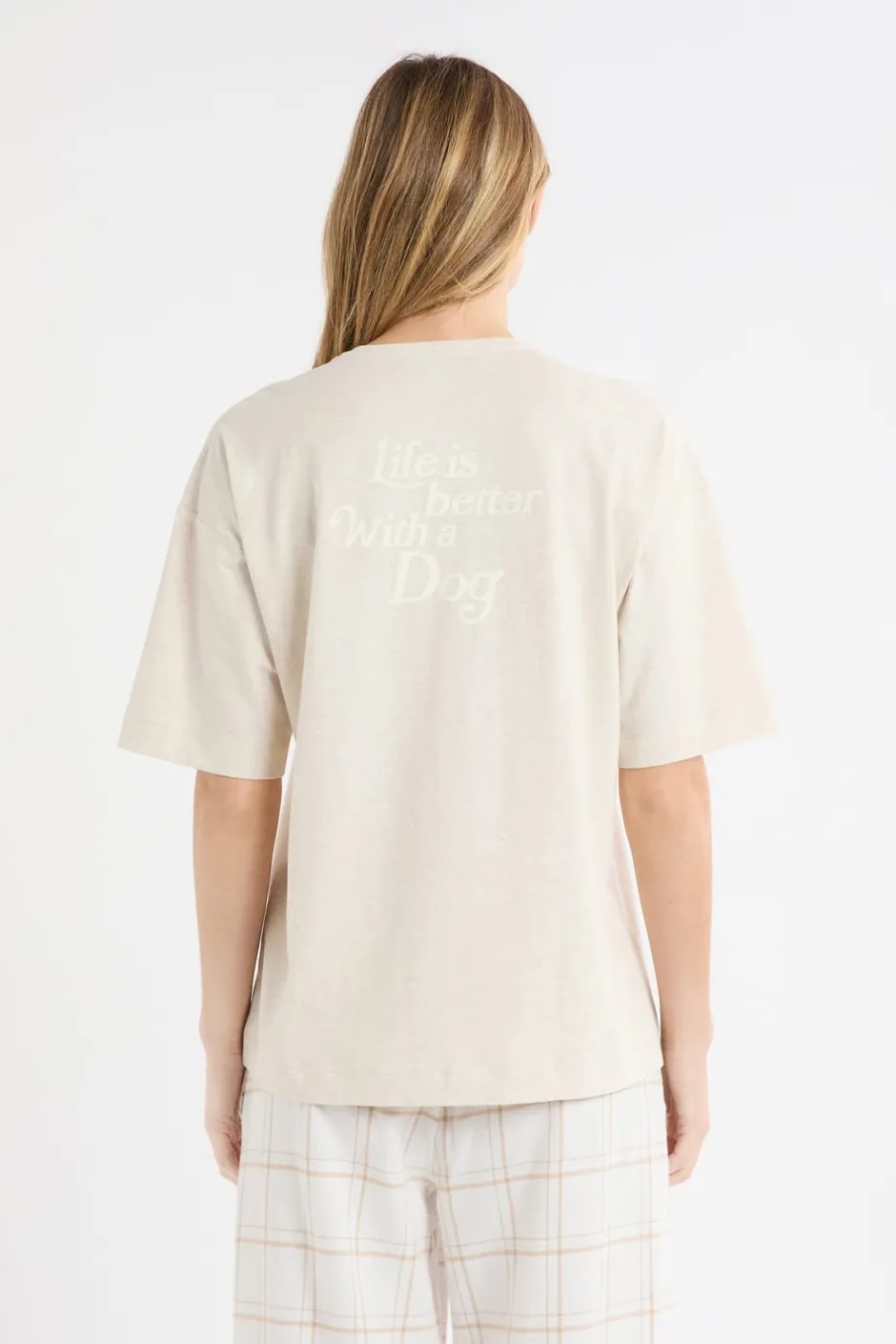 ETAM Los Pijamas Más Responsables|Partes De Arriba De Pijama|Camiseta de algodón con estampado de perro «Life is better with a dog» BEIGE