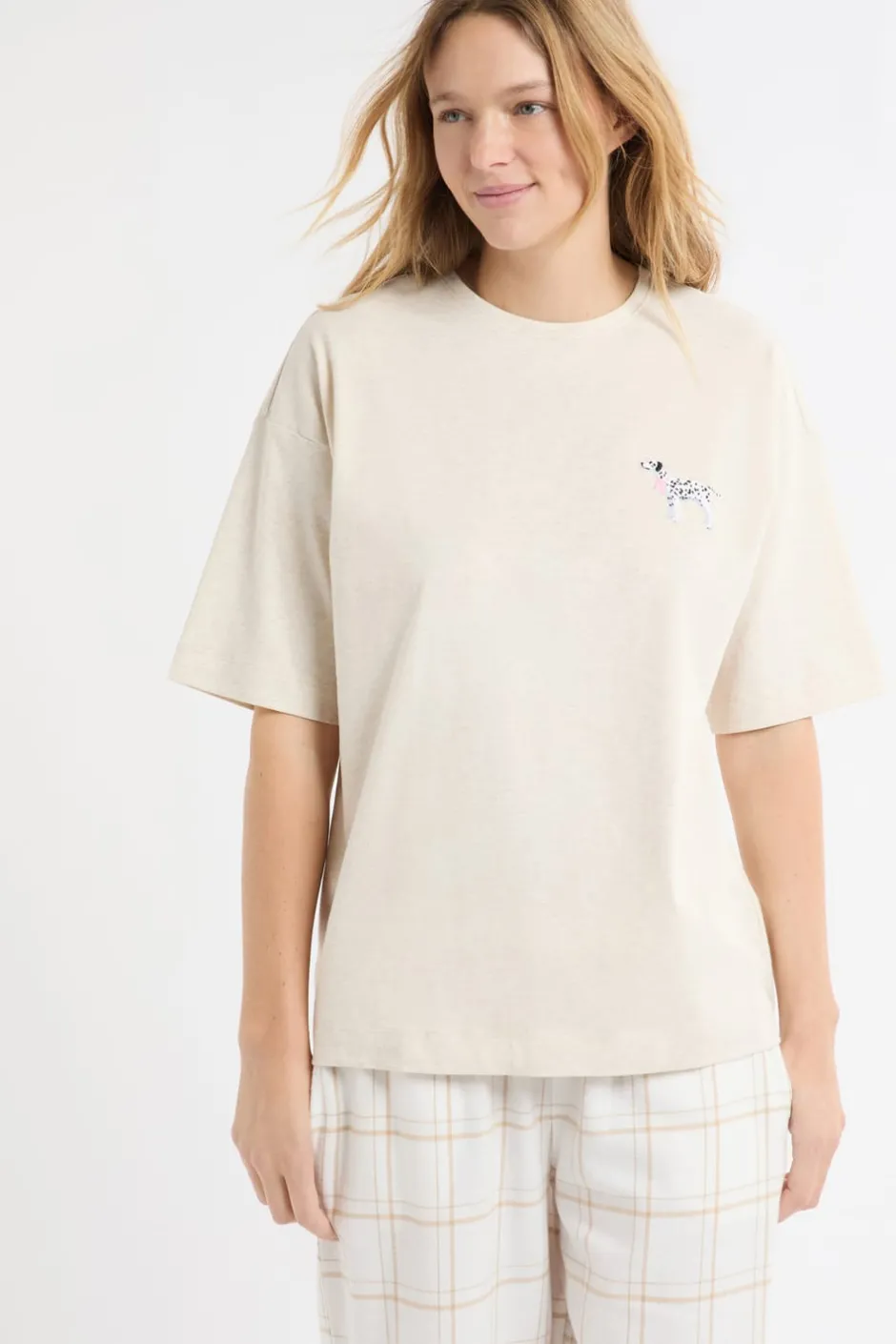 ETAM Los Pijamas Más Responsables|Partes De Arriba De Pijama|Camiseta de algodón con estampado de perro «Life is better with a dog» BEIGE