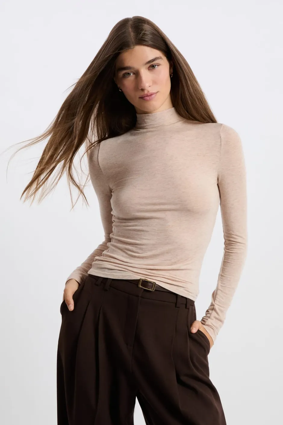 ETAM Manga Larga|Camisetas|Camiseta de cuello alto con lana BEIGE