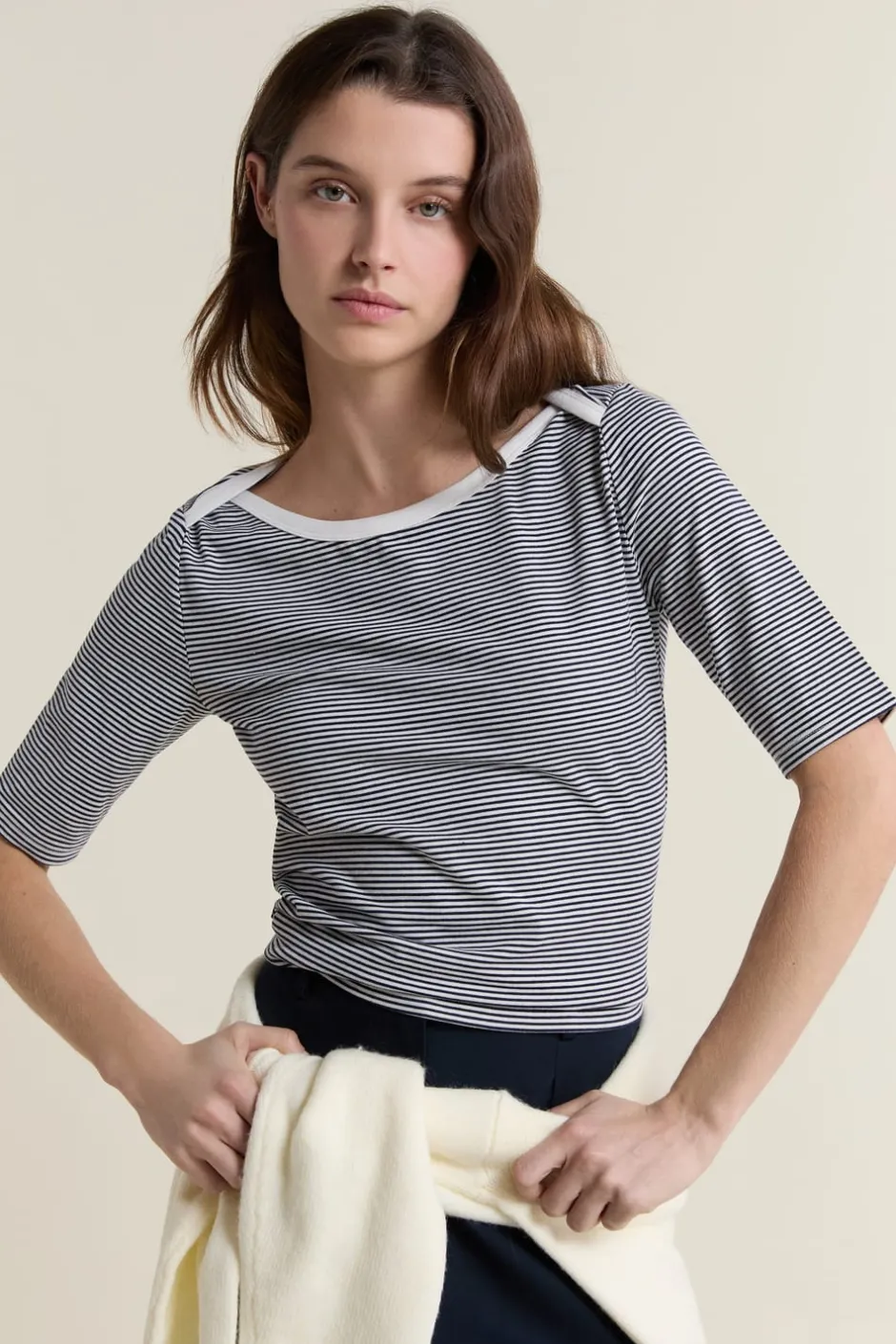 ETAM Cuello Redondo|Manga Corta|Camiseta de cuello redondo a rayas INDIGO