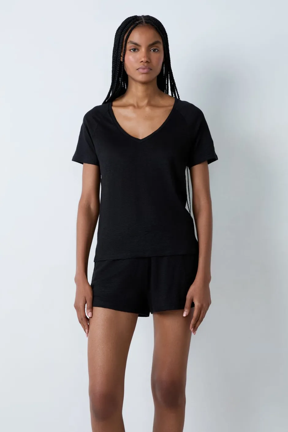 ETAM Pijamas Esenciales|Partes De Arriba De Pijama|Camiseta de manga corta 100% lino NEGRO