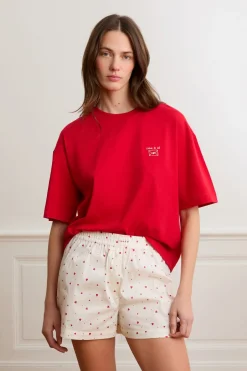 ETAM Los Pijamas Más Responsables|Partes De Arriba De Pijama|Camiseta de manga corta con la inscripción «love is all» de algodón ROJO