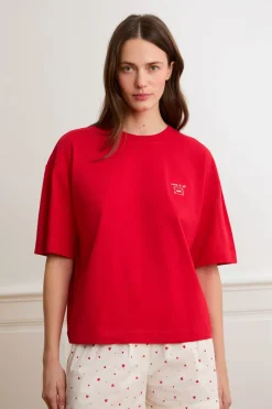 ETAM Los Pijamas Más Responsables|Partes De Arriba De Pijama|Camiseta de manga corta con la inscripción «love is all» de algodón ROJO