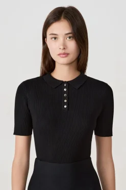 ETAM Básicos|Manga Corta|camiseta de manga corta de canalé con cuello abotonado NEGRO