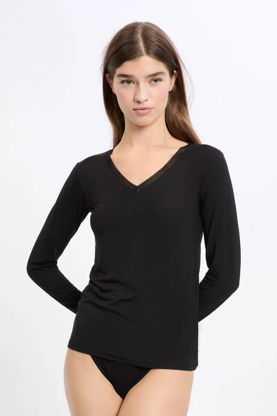 ETAM Cuello En V|Manga Larga|Camiseta de manga larga con cuello en V de tejido térmico NEGRO