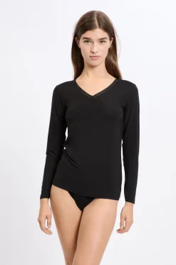 ETAM Cuello En V|Manga Larga|Camiseta de manga larga con cuello en V de tejido térmico NEGRO