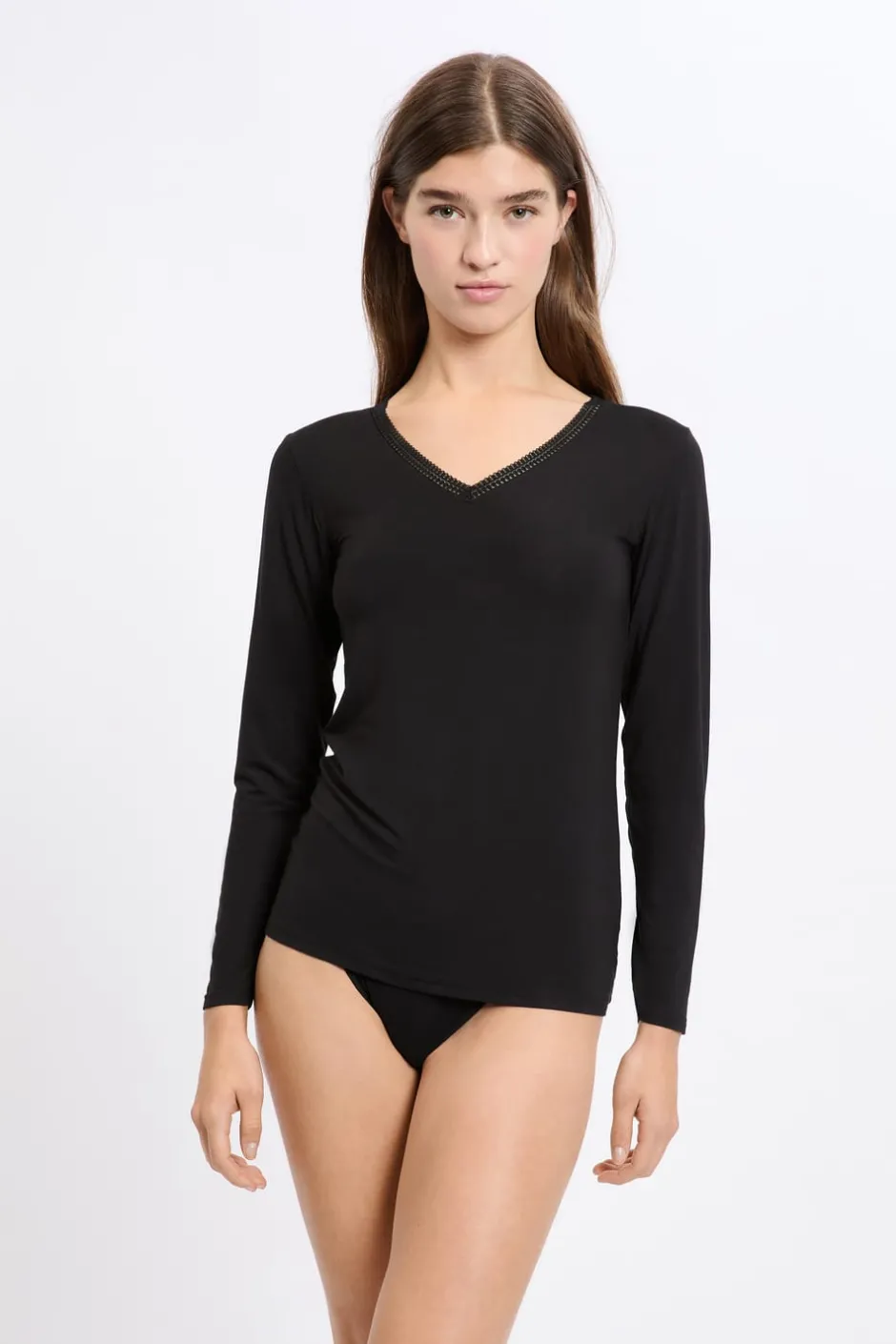 ETAM Cuello En V|Manga Larga|Camiseta de manga larga con cuello en V de tejido térmico NEGRO
