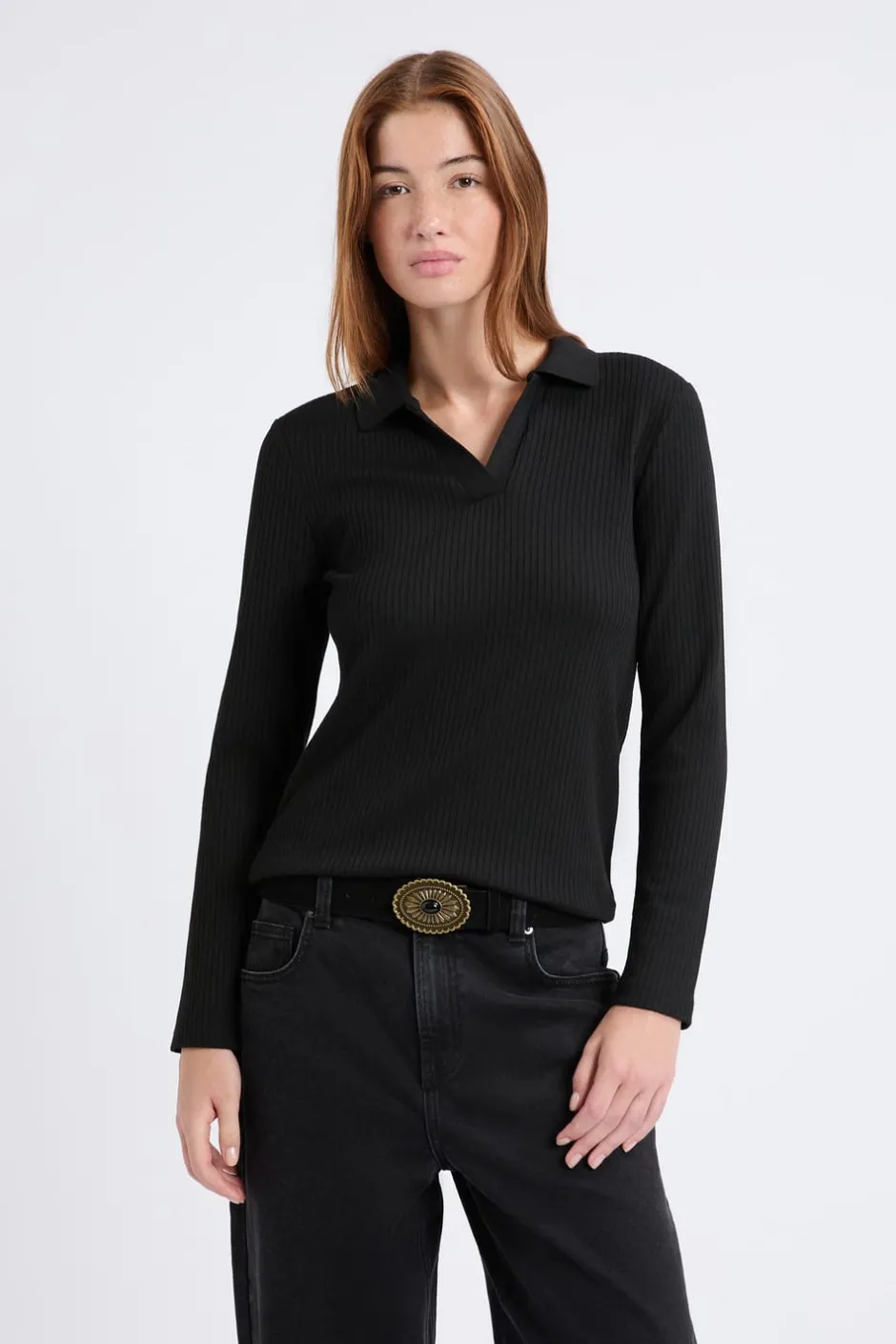 ETAM Manga Larga|Camisetas|Camiseta de manga larga con cuello en V NEGRO