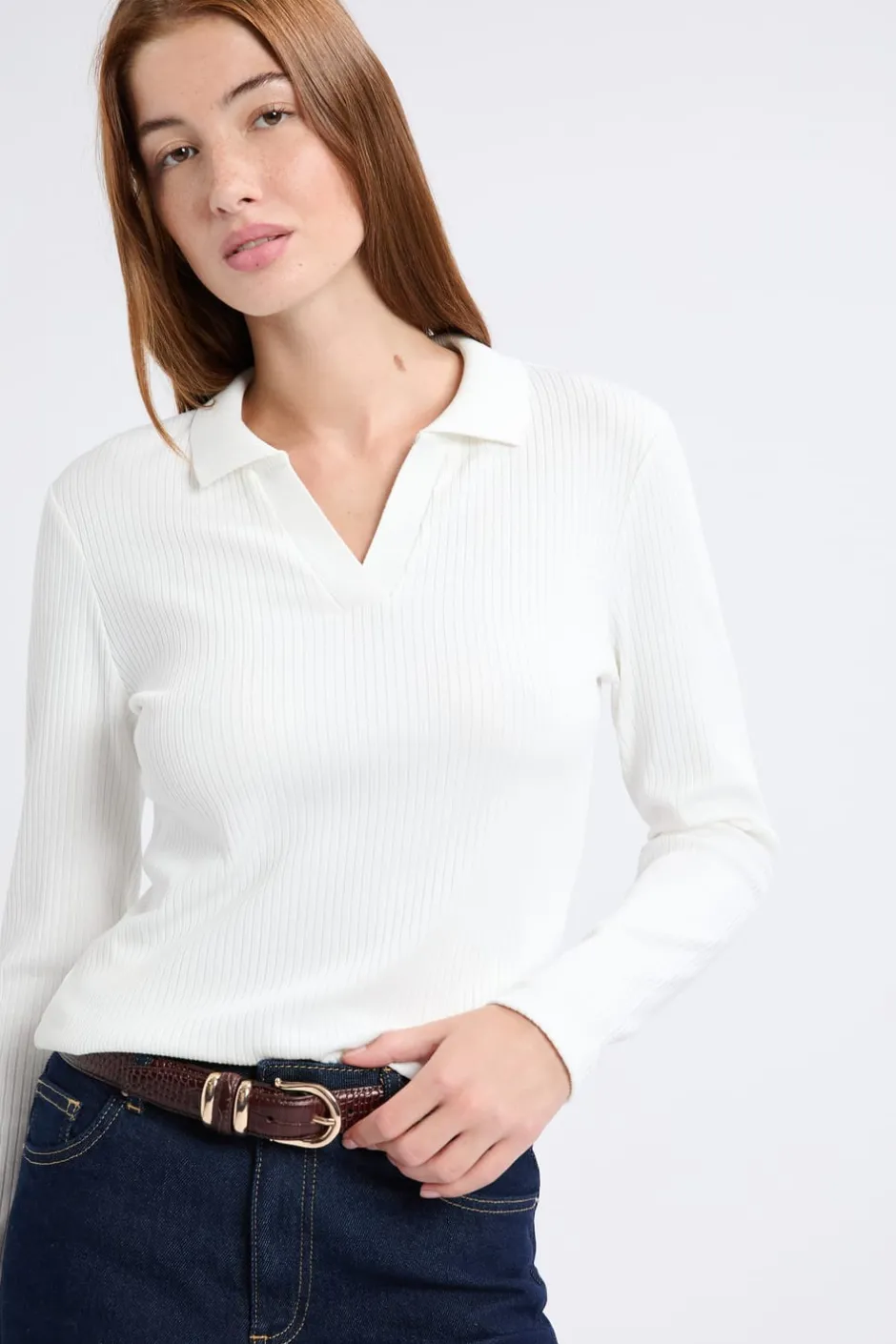 ETAM Manga Larga|Camisetas|Camiseta de manga larga con cuello en V BLANCO