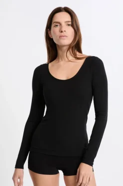 ETAM Cuello Redondo|Manga Larga|Camiseta de manga larga con cuello bailarina y sujetador integrado NEGRO