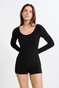 ETAM Cuello Redondo|Manga Larga|Camiseta de manga larga con cuello bailarina y sujetador integrado NEGRO