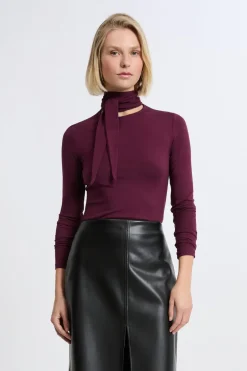 ETAM Manga Larga|Camisetas|Camiseta de manga larga con cuello con lazada de algodón MORADO