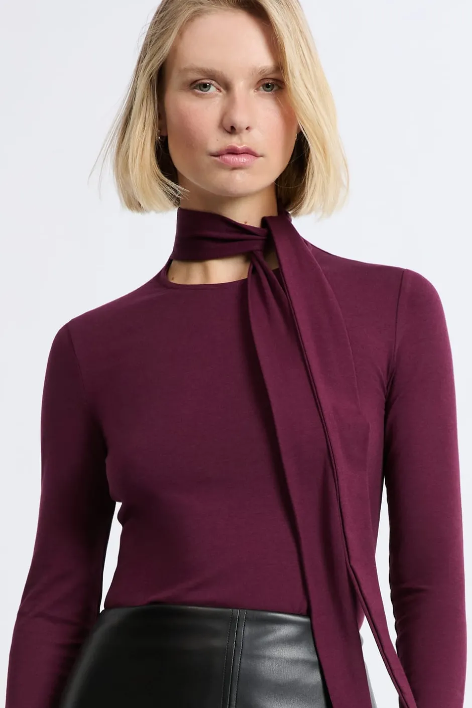 ETAM Manga Larga|Camisetas|Camiseta de manga larga con cuello con lazada de algodón MORADO